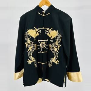 Miniye Black Gold Embroidered Satin Trim Dragon Statement Jacket